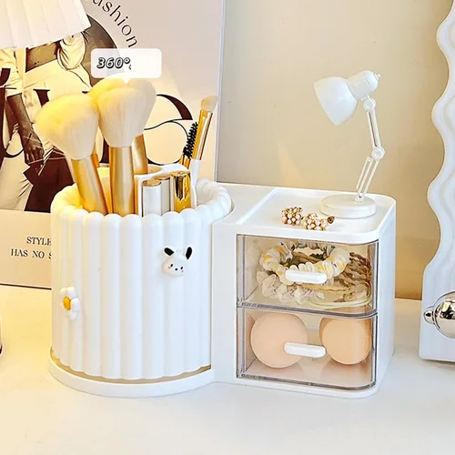 Vista 12 de Organizador de Maquillaje para Encimera, Soporte Giratorio 360° para Brochas de Maquillaje con 2 Cajones, Pequeño Organizador Preppy 9.25x5.11