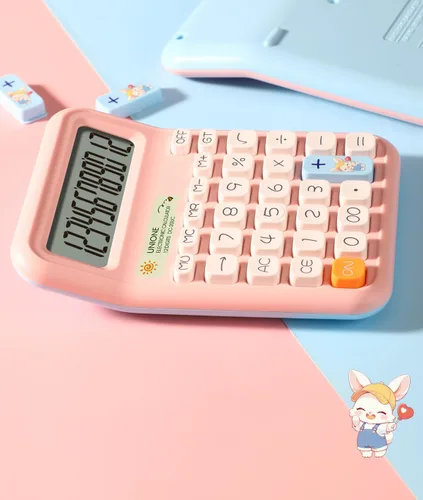 Vista 6 de UNIONE Calculadora Panda con LCD brillante, escritorio portátil de doble alimentación. Color. Negocios, oficina, escuela secundaria... (beige)