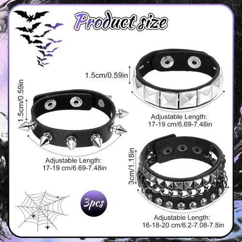 Vista 3 de Ouligay 3 pulseras con tachuelas, pulseras con pinchos, pulsera de cuero punk para mujeres y hombres, juego de pulseras de cadena vintage