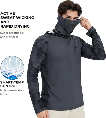 Vista 3 de Rodeel - Camisa de pesca para hombre con manga larga, UPF 50+, rendimiento de alto rendimiento para senderismo, con máscara, protección UV