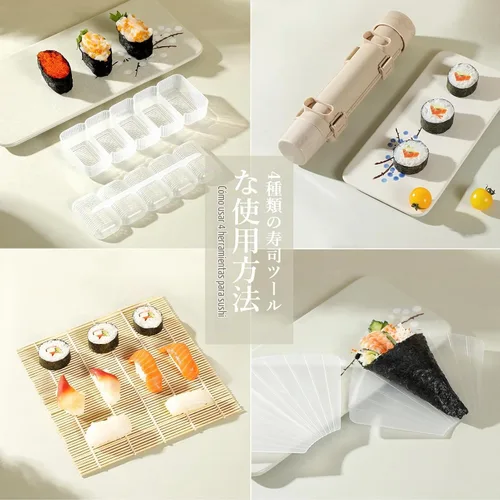 Vista 3 de Delamu Kit de fabricación de sushi, kit de rodillos de bazuca 20 en 1 con cuchillo de chef, alfombrillas de bambú, molde de arroz, alfombrillas