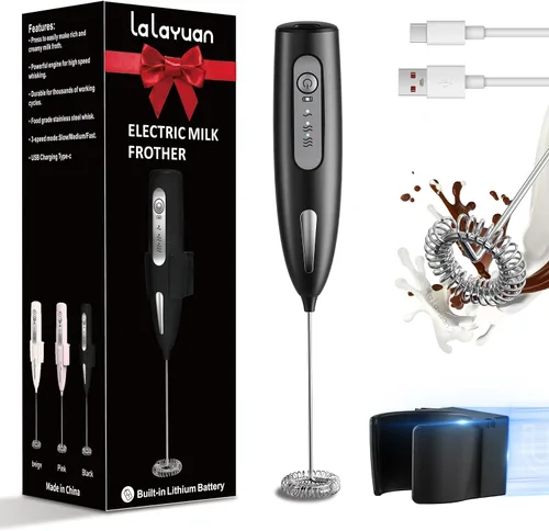 Vista 12 de Espumador de leche eléctrico, ajuste de tres velocidades, licuadora de mano inalámbrica recargable por USB con soporte adhesivo incluido, batidor