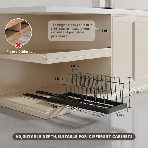 Vista 6 de Magheo Organizador de ollas y sartenes debajo del gabinete, organizador de tapa extraíble extensible de 22 pulgadas de profundidad y almacenamiento