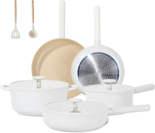 Vista 8 de JEETEE Juego de utensilios de cocina de cerámica, 15 ollas y sartenes antiadherentes con asas extraíbles, juego de utensilios de cocina de inducción