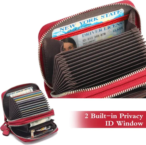 Vista 7 de GOIACII Cartera con tarjetero RFID para mujer, pequeña cartera de piel auténtica con 2 cremalleras
