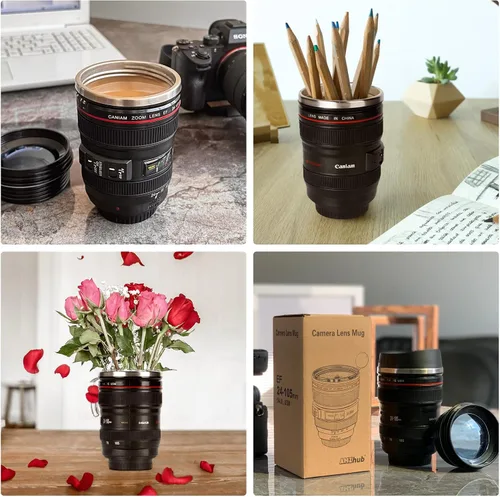 Vista 5 de Taza de café con lente de cámara, taza de café de viaje, taza de lente de acero inoxidable, termo con tapa y cuchara, regalos geniales