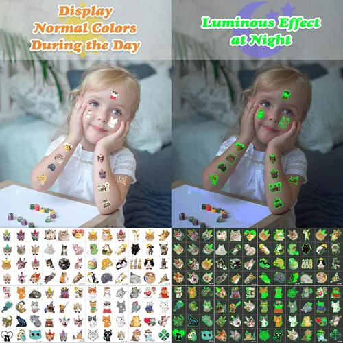 Vista 7 de 96 piezas de tatuajes temporales de gatos que brillan en la oscuridad para niños, calcomanías de tatuaje luminosas falsas para mascotas súper lindas