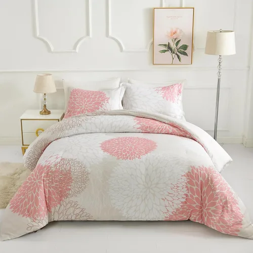 Vista 16 de Koniroom 6-Piece Pink Comforter Set Twin Size - Reversible Beige White Flower Bed in a Bag with Sheets, Pillowcases, Shams, and Decorative Pillow