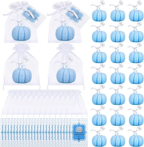 Vista 15 de Treela Juego de 24 velas de calabaza para otoño, baby shower, regalos de fiesta para invitados de calabaza, regalos de agradecimiento a granel