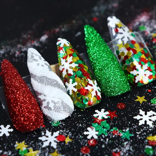 Vista 2 de Árbol de Navidad con copos de nieve 3D para árbol de Navidad, lentejuelas mezcladas de 3 colores con purpurina en polvo hexagonal con purpurina