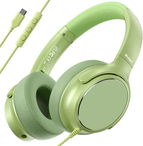 Vista 12 de Auriculares con cable USB C sobre la oreja con micrófono, control de volumen, puerto compartido y diadema ajustable, auriculares estéreo plegables