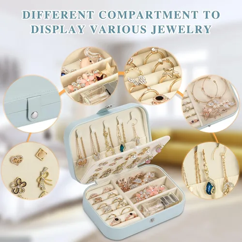 Vista 4 de Joyero de viaje, organizador de joyas pequeño de piel sintética para mujeres y niñas, mini estuche de viaje portátil de doble capa para guardar
