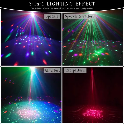 Vista 6 de Luces de fiesta de discoteca 3 en 1, luz estroboscópica LED DJ Rave, proyector de luz de escenario con control remoto activado por sonido, luces