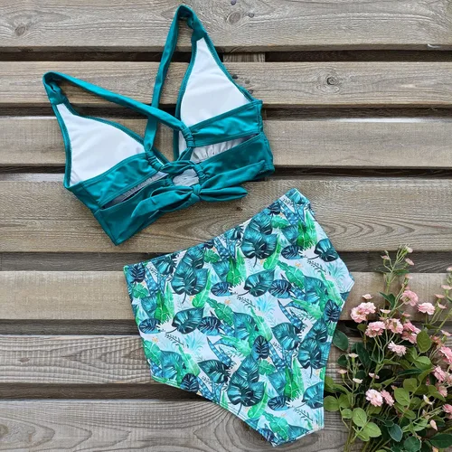 Vista 5 de SPORLIKE - Traje de baño de cintura alta para mujer, bikini de dos piezas con control de abdomen y parte superior triangular Hojas