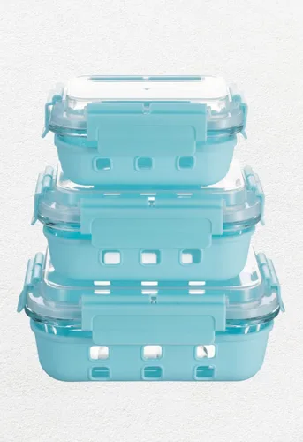 Vista 3 de Genicook Tapas HI-TOP con palancas de bloqueo extraíbles de grado profesional y recipiente rectangular de funda de silicona, juego de 3, azul
