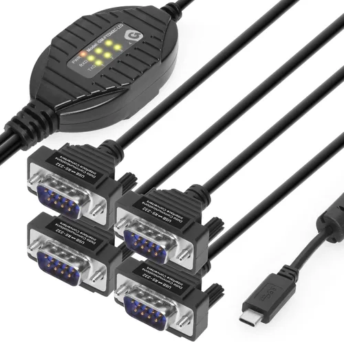 Vista 7 de Gearmo Adaptador RS-232 de 4 puertos a USB con indicadores LED, 5 pies de longitud, chipset FTDI, protección ESD, compatible con Windows/macOS/Linux
