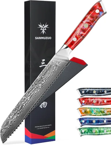 Vista 9 de Cuchillo de chef de cocina dentado de 8 pulgadas, mango de acero y resina de Damasco - Serie Xuan (negro estrellado)