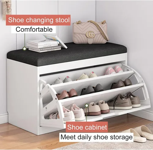 Vista 4 de Banco de zapatos, banco con almacenamiento de zapatos, banco de entrada superior con cojín extraíble, zapatero de madera con cajón de almacenamiento