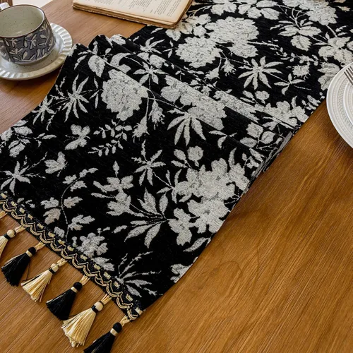 Vista 5 de Camino de mesa botánico floral para sala de estar, camino de mesa de comedor de flores jacquard con borlas, moderno, decorativo, elegante, natural