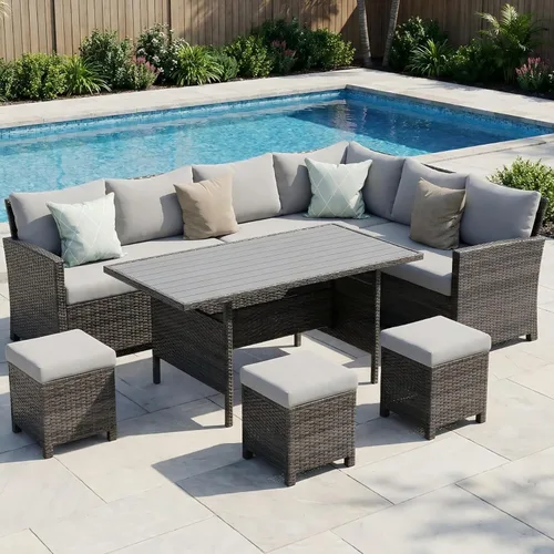 Vista 8 de Wisteria Lane Juego de muebles de patio de 7 piezas, juego de comedor de mimbre con respaldo alto y curvo, para todo tipo de clima, muebles de Gris