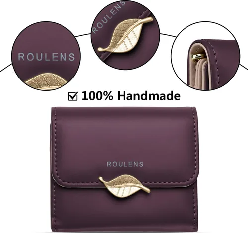 Vista 4 de Cartera pequeña para mujer con bloqueo RFID, de piel sintética, colgante de hoja, organizador de tarjetas, monedero con cremallera, APúrpura-S