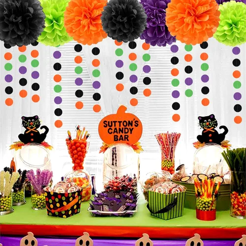 Vista 7 de Decoraciones de Fiesta de Halloween Negro-Morado Naranja Verde - 30 piezas Pompones de Papel Tissue, Serpentinas, Guirnalda de Borlas, Pancarta
