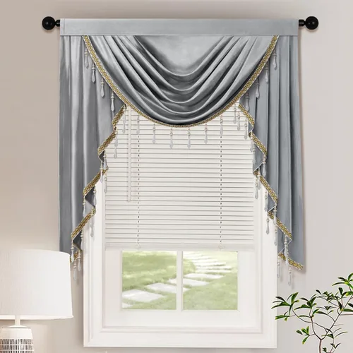 Vista 29 de Cenefas de cortina de terciopelo negro de lujo para sala de estar con cuentas (39 pulgadas, 1 panel)
