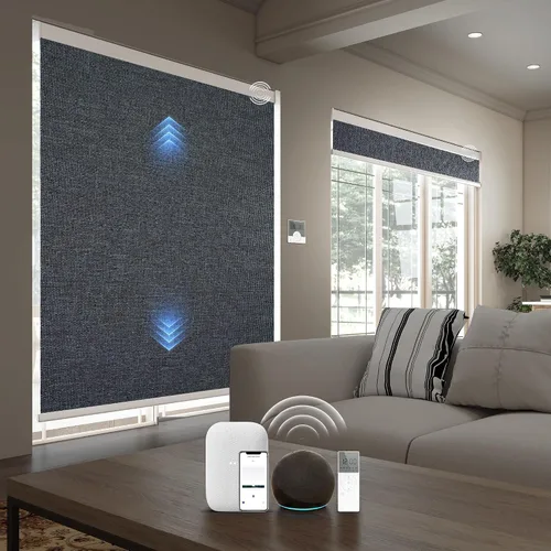 Vista 9 de Persianas inteligentes personalizadas de 110 pulgadas de ancho para ventanas grandes, persianas enrollables motorizadas 100% opacas compatibles