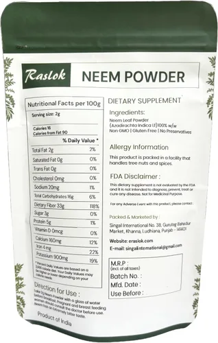 Vista 3 de Raslok Polvo de neem Polvo de neem 100% puro y natural Suplemento de neem muy amargo para la piel, cabello y desintoxicación (3.52 onzas)
