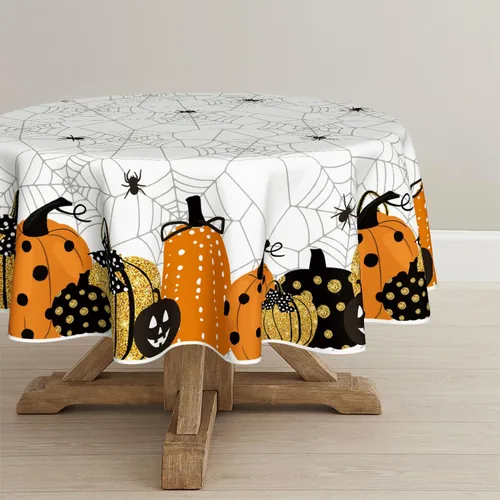 Vista 9 de Horaldaily Mantel rectangular de Halloween de 52 x 70 pulgadas, diseño de telaraña de calabaza con temática de miedo, color negro, lavable