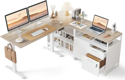 Vista 9 de FEZIBO Escritorio de pie en forma de L de 66 pulgadas con cajones y estantes, mesa ejecutiva de altura ajustable, parte superior de nogal