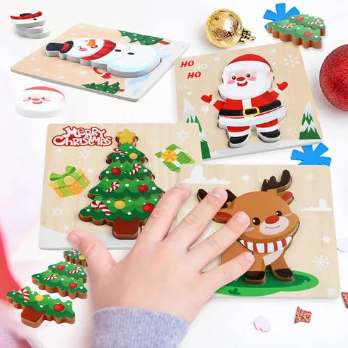 Vista 4 de FOIMAS Rompecabezas de madera de Navidad para niños pequeños, paquete de 4 rompecabezas de madera de Papá Noel, muñeco de nieve, reno, para niños