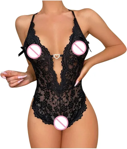 Vista 4 de Conjunto de lencería sexy sin espalda de encaje hueco con gancho y anillo sin anillos de acero para mujer