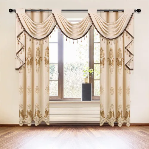 Vista 8 de ELKCA Cortinas de chenilla beige con patrón bordado para sala de estar, cortinas europeas para dormitorio, ojal superior
