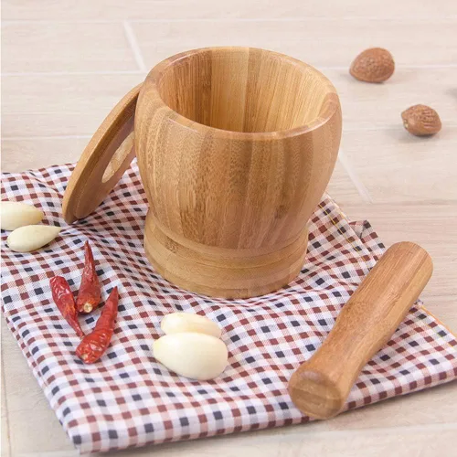Vista 4 de Juego de mortero y mortero de bambú con tapa, molinillo de especias de cocina, herramientas de cocina para mezcla de especias de hierbas, tazón
