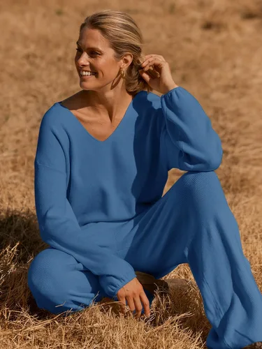 Vista 7 de MEROKEETY Conjunto de 2 piezas para mujer, de manga larga, cuello en V, suéter de punto y pantalón de pierna ancha