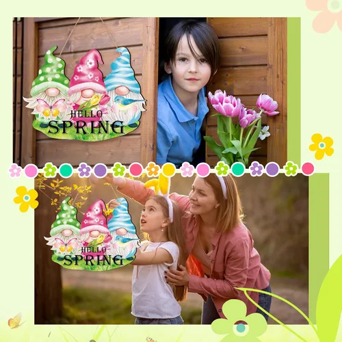 Vista 4 de Kathfly Letrero de madera con texto en inglés «Hello Spring» para puerta delantera, gnomo, tulipán, colgante de pared, corona de primavera, letrero