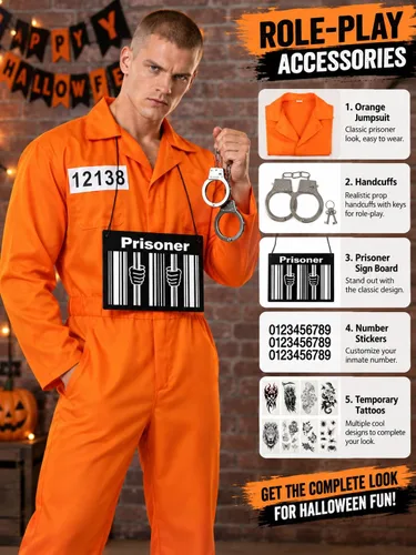 Vista 5 de HOMELEX Disfraz de prisión naranja para hombre, disfraz de recluso de Halloween, uniforme de cárcel para adultos