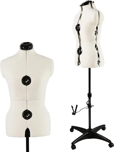 Vista 9 de Maniquí de forma de vestido ajustable beige para costura talla femenina 12-18, cuerpo de modelo con alfileres con 13 diales, ruedas desmontables