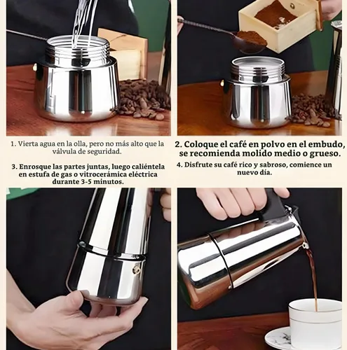 Vista 8 de Cafetera Moka de Acero Inoxidable para Espresso, Cafetera Moka para Estufa, Cafetera Percoladora, Cafetera Italiana, Preparación de Café Cubano