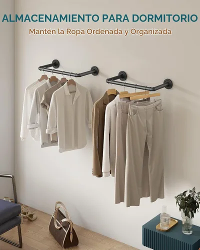 Vista 2 de OROPY Perchero industrial de tubería de 21.2 pulgadas, juego de 2, barra de ropa de hierro negro resistente para montaje en la pared, barra