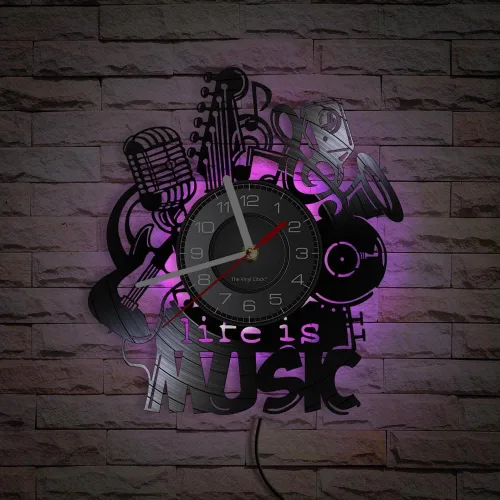 Vista 8 de Life Is Music - Reloj de pared LED de vinilo de 12 pulgadas con 7 colores que cambian silencioso, sin tictac, diseño moderno, música antigua, luz