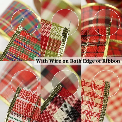 Vista 8 de MEEDEE - Cintas de Navidad a cuadros de 2.5 pulgadas, 6 rollos, 36 yardas con alambre para decoración de árbol de Navidad y guirnaldas