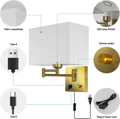 Vista 6 de Plug in Swing Arm Wall Sconce, Wall Lights for Living Room