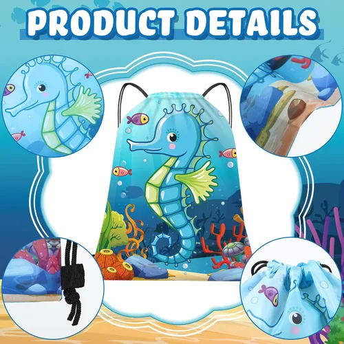 Vista 3 de Frienda 24 bolsas con cordón para recuerdos de fiesta oceánica, bolsas de dulces, mochila bajo el mar con criaturas para niños, suministros