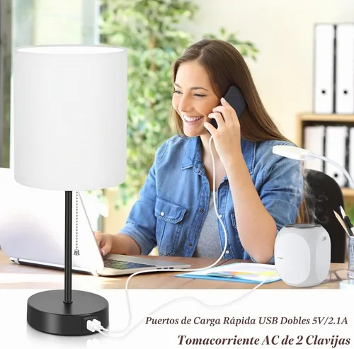 Vista 2 de Juego de 2 lámparas de mesa con puertos de carga USB, lámparas de noche blancas con salida de CA, lámparas de mesita de noche con interruptor