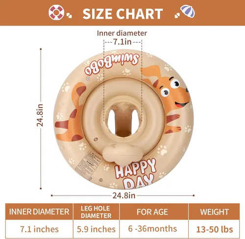 Vista 4 de Flotador inflable de natación para bebé con asiento seguro y toldo para niños de 6 a 36 meses beige dog