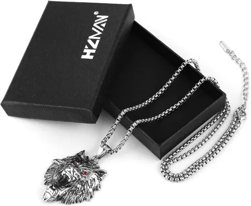 Vista 6 de HZMAN Norse Viking Wolf Necklace for Men Boys Stainless Steel Gothic Punk Fenrir Wolf Head Animal Pendant Jewelry Gift