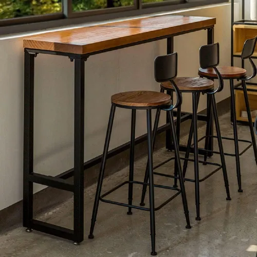 Vista 3 de Mesa de bar de madera, mesa de comedor industrial de madera de pino con base de caballete en negro