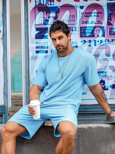 Vista 3 de Babioboa Conjunto de camiseta y pantalones cortos de manga corta para hombre, 2 bolsillos, de gran tamaño, de dos piezas, casual, uso diario